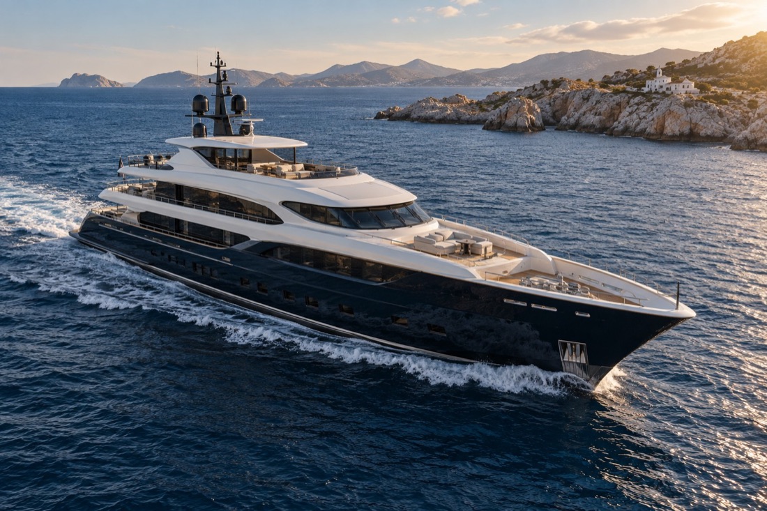 Blue-hulled motor superyacht underway in calm Mediterranean water