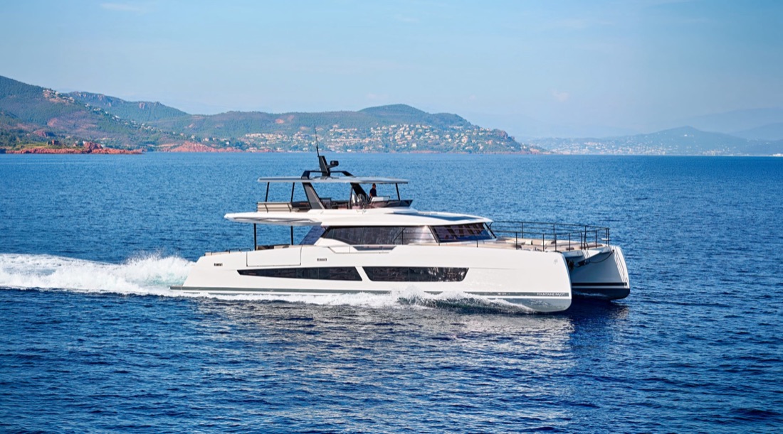 Fountaine Pajot FPY 80 power catamaran underway on blue water; manufacturer photograph