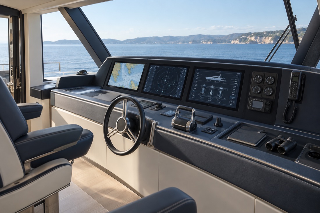 Original concept of a yacht helm with slim navigation displays, machinery context, wheel and separate controls