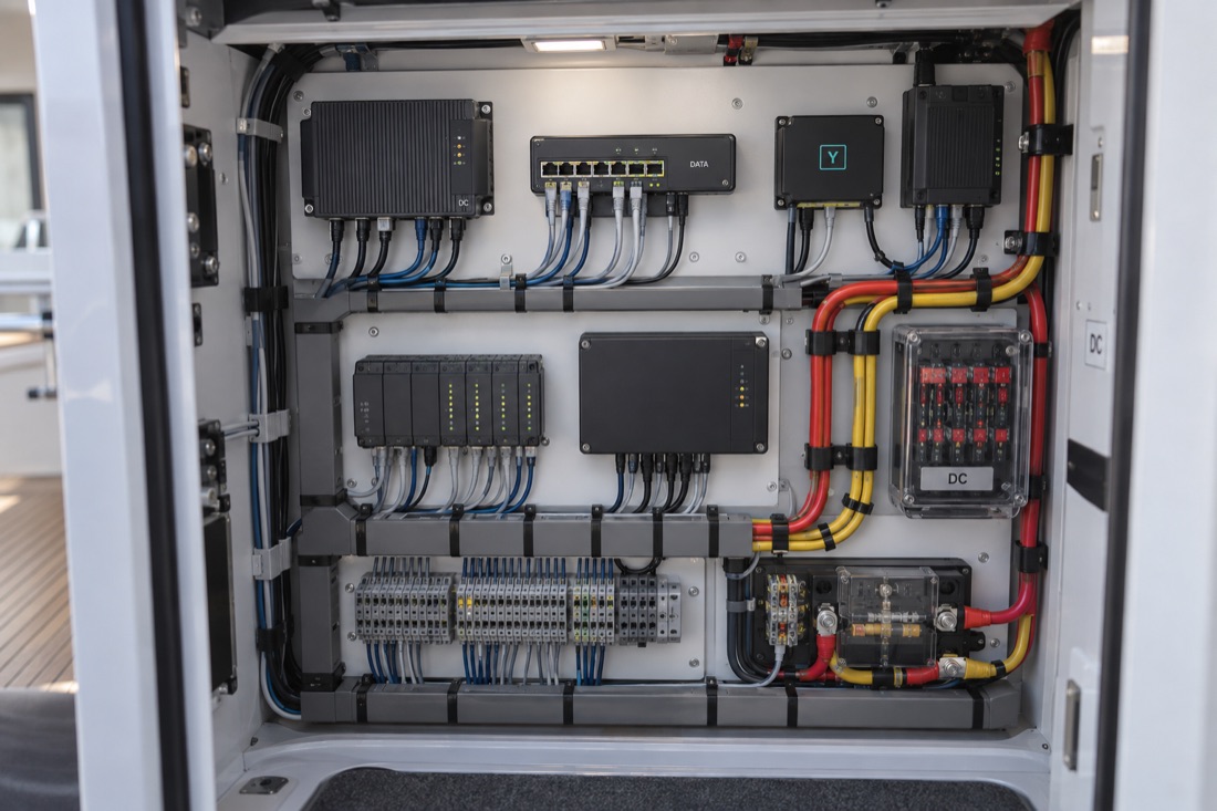 Original concept of a compact yacht service cabinet with marine network modules, distributed I/O, managed cabling and a Yachtrix gateway