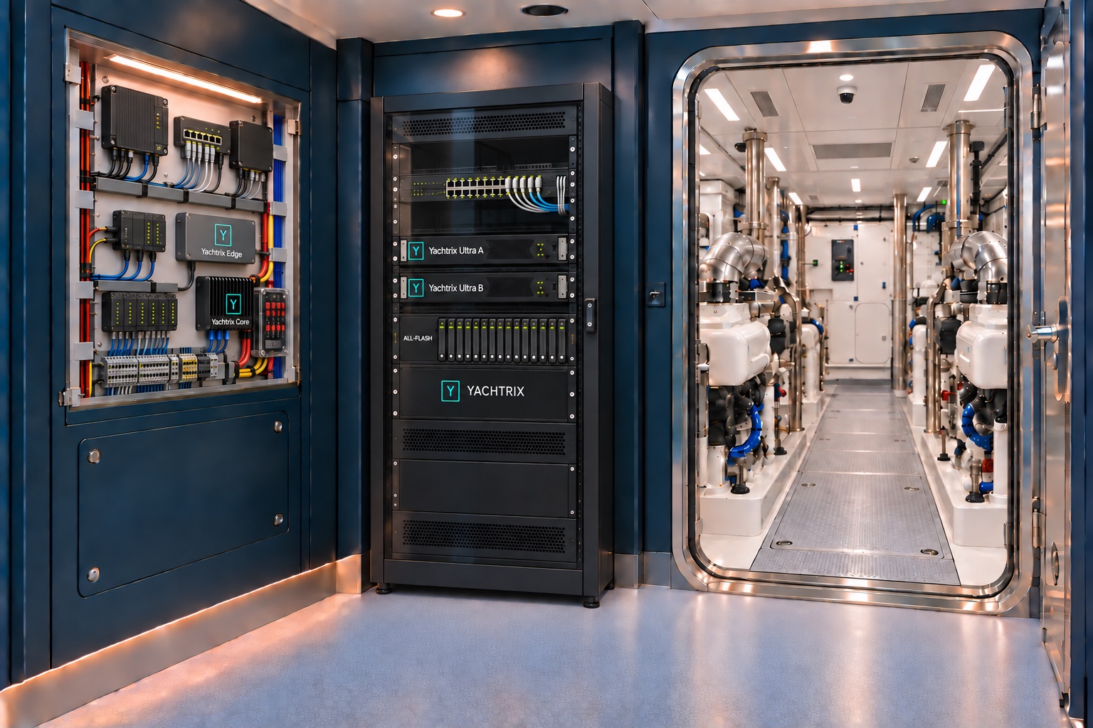 AI concept of a detailed marine panel with Yachtrix Edge and Yachtrix Core, a glass-front rack with Yachtrix Ultra A and Yachtrix Ultra B servers, and a clear open engine-room entrance